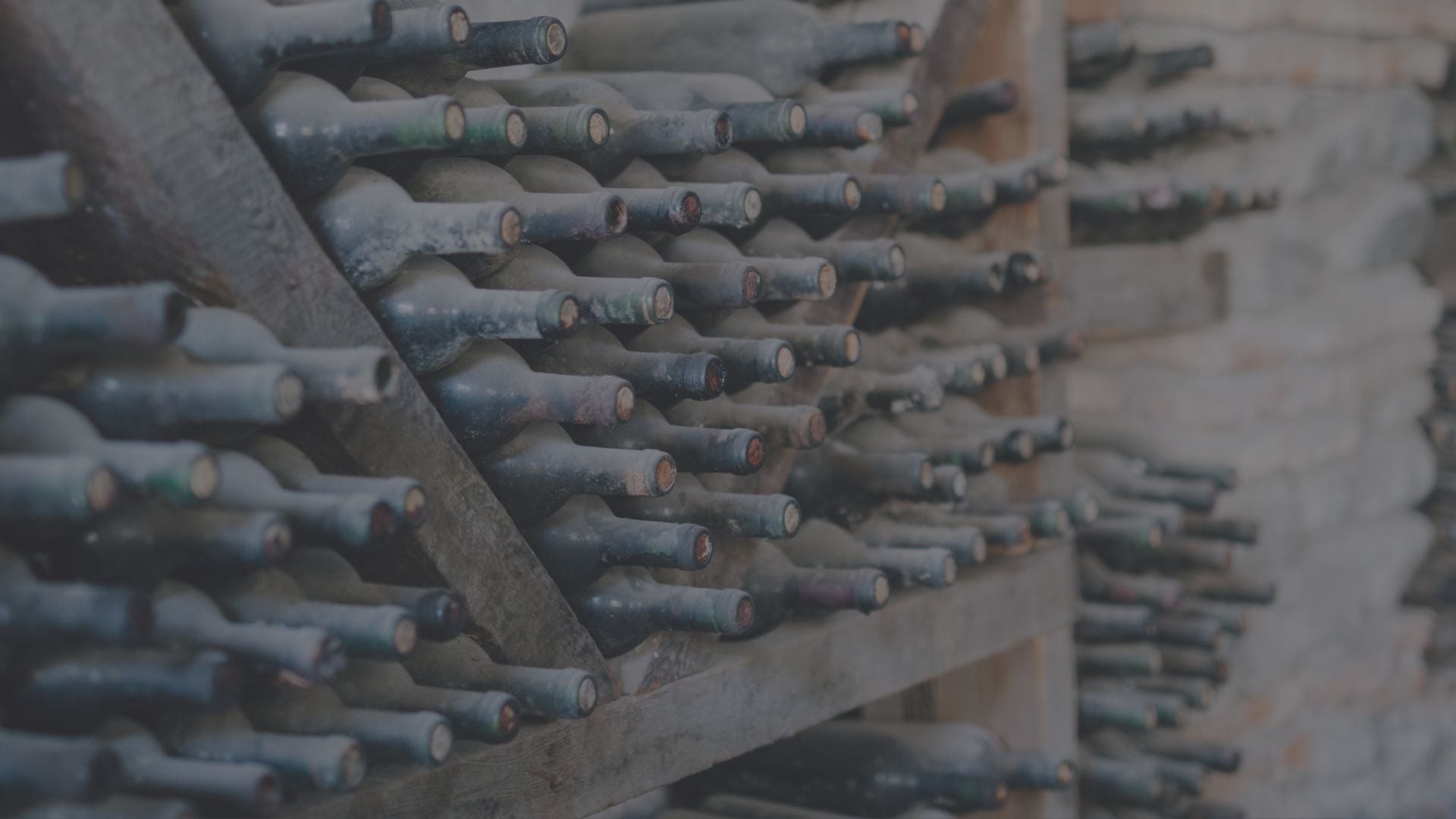 A dusty wine rack filled with numerous horizontally stacked wine bottles, arranged in a diagonal grid pattern. The bottles appear aged, with some cobwebs visible. The background reveals more racks of wine bottles, evoking the charm of the best wine shop Nashville has to offer.