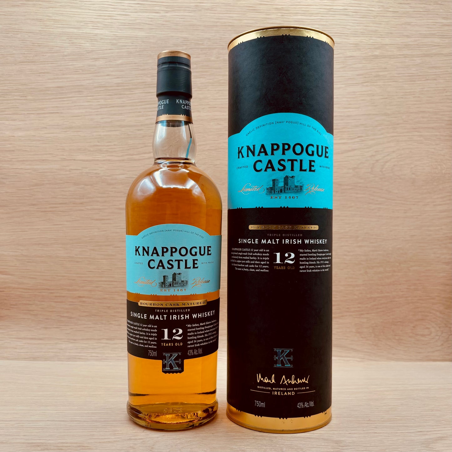 Knappogue Castle, "Bourbon Cask Matured," 12 Year Single Malt Irish Whiskey